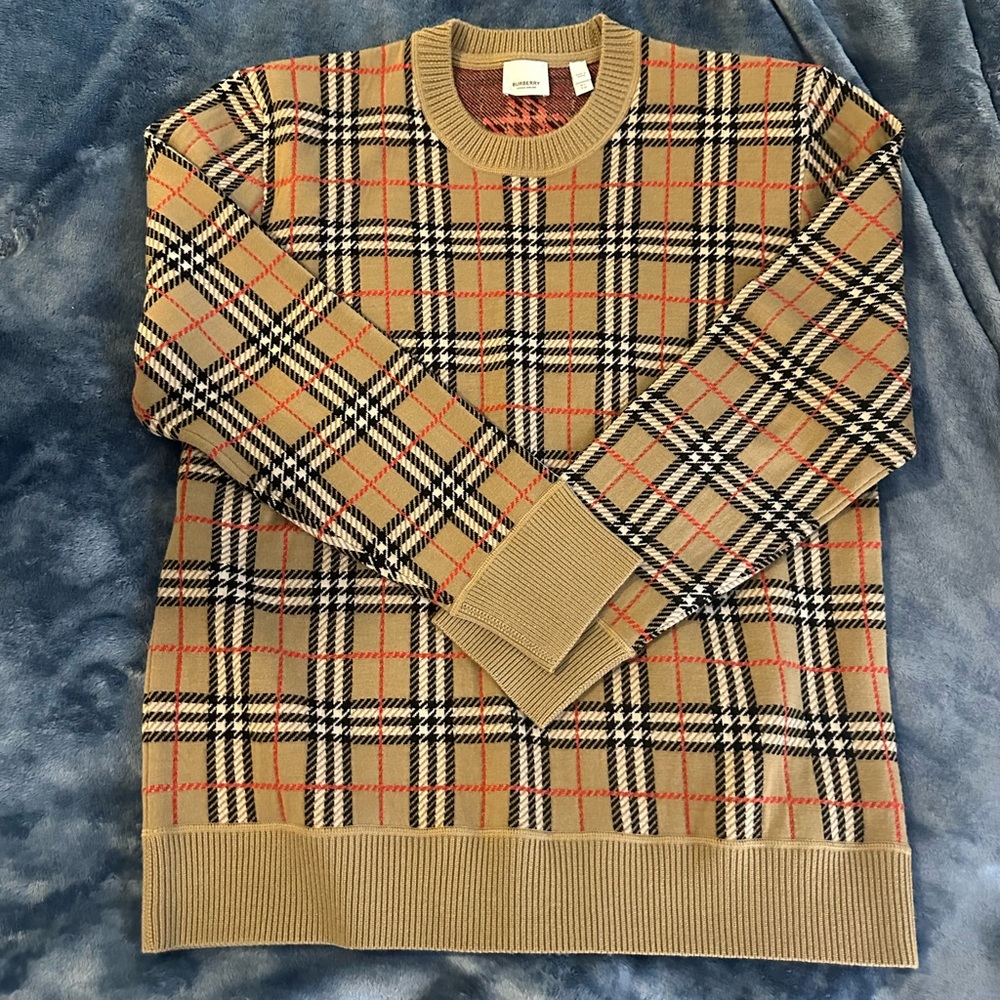 Burberry Tan and Black Crewneck Sweater with Plaid Pattern
